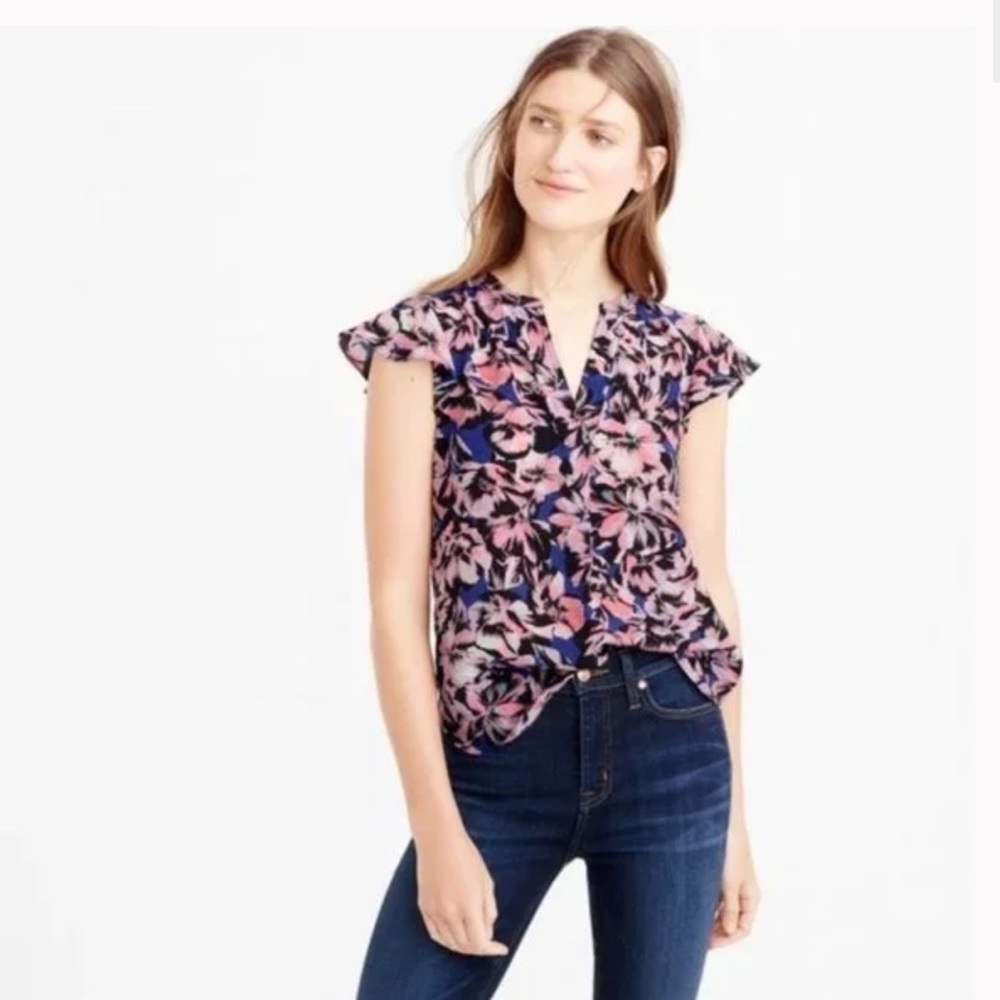 JCrew Flutter Sleeve Hibiscus 100% Silk Top Sz Approx 8 See Measurements ADD ON